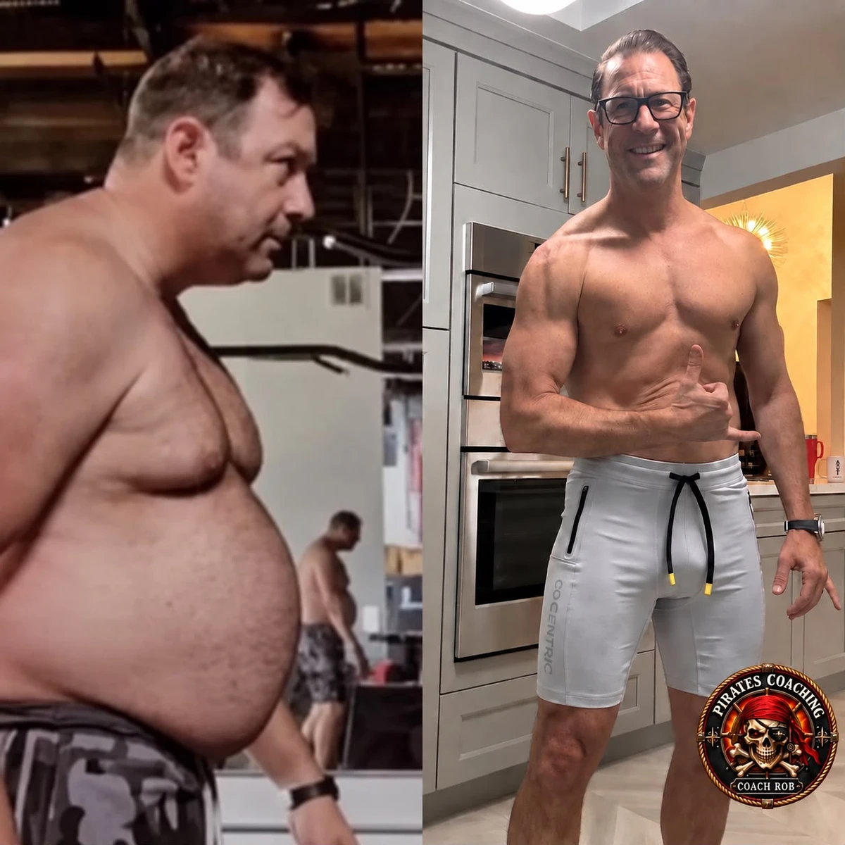 Before-and-after comparison: side profile on the left, smiling in white shorts on the right, with the Pirates Coaching logo
